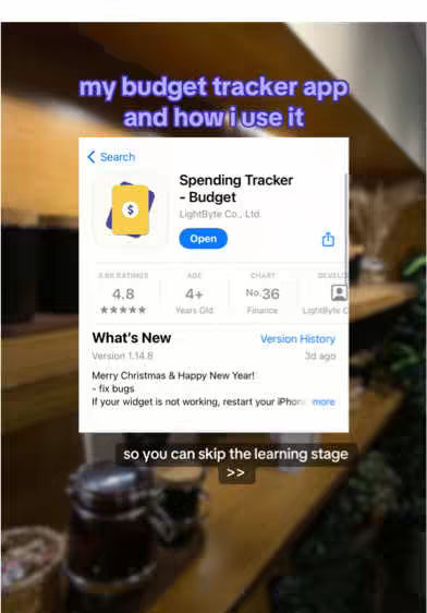 The cover image features a product shot of a mobile app on an iPhone screen. The app, called "Spending Tracker - Budget," is displayed within the App Store interface. The background shows a blurred view of what appears to be a shelf or a wooden surface in a cafe setting, which creates a cozy atmosphere, and the focus is clearly on the app interface. The text overlays the primary visual element, which is the app's interface within the photo.