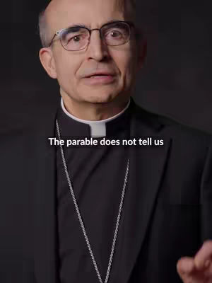 The image shows a man in a black suit and clerical collar. He is wearing glasses and looking slightly towards the camera. The text overlayed on the image reads "The parable does not tell us". The background is a plain, dark color making the man the central focus.