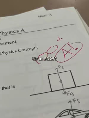 The image shows a piece of paper with a physics exam marked with an A+ in a red circle, with the text "Us in 2025?" overlaid in the center.