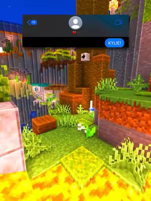 The cover image is a screenshot from a video game, rendered in a blocky, pixelated style reminiscent of Minecraft. The scene appears to be set in a natural environment with cube-like terrain, featuring grass, trees and bodies of water composed of square shapes, and distant background elements. A mobile phone interface graphic overlays the game scene, complete with a chat bubble and text, and a  button that says “KYLIE!”.