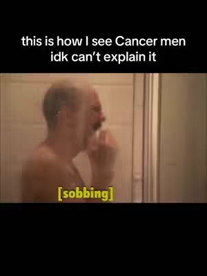 The cover image shows a man, presumably in a shower, crying with his head leaned back. The text overlay indicates the scene is related to how the creator sees Cancer men.
