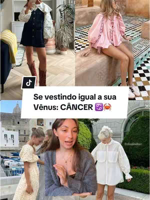 The cover image is a collage featuring multiple images. On the top row, two fashion-related pictures are displayed side-by-side. The left image shows a person wearing a dark denim dress with a white top and boots, while the right image features a woman in a pink top. Below, there are three more images: in the lower left, a person in a floral dress, in the center, a person wearing a gray sweater, and on the right, another person in a white top. The focal point is a text overlay that includes the TikTok logo, text, and astrological symbols, with the text centered on the image.