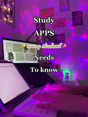 The image shows a laptop, a tablet, and a keyboard on a desk. Text overlays in the image read 'Study APPS every student Needs To know'. The background features purple and pink lighting, and the scene is likely set up for a study or productivity-focused video.