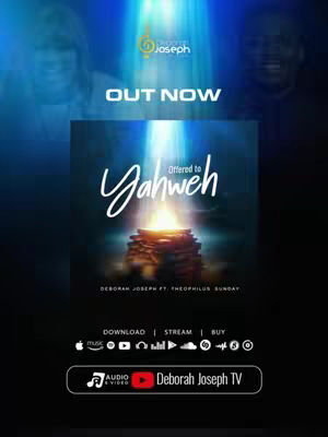 The cover image is a promotional graphic for a gospel music release. The layout is a vertical design utilizing shades of blue as a background. The primary focal point is a central square containing the album art of a fire over a wooden altar, which is placed over a dark blue background. Above the album art is the text “OUT NOW,” and further up is a logo with a musical note design. At the top appear blurred images of potentially two people, possibly the artists. Below the album art, there is text with the names of the artists. The bottom part of the image includes streaming and download icons. The overall aesthetic is professional and intended to promote the song.