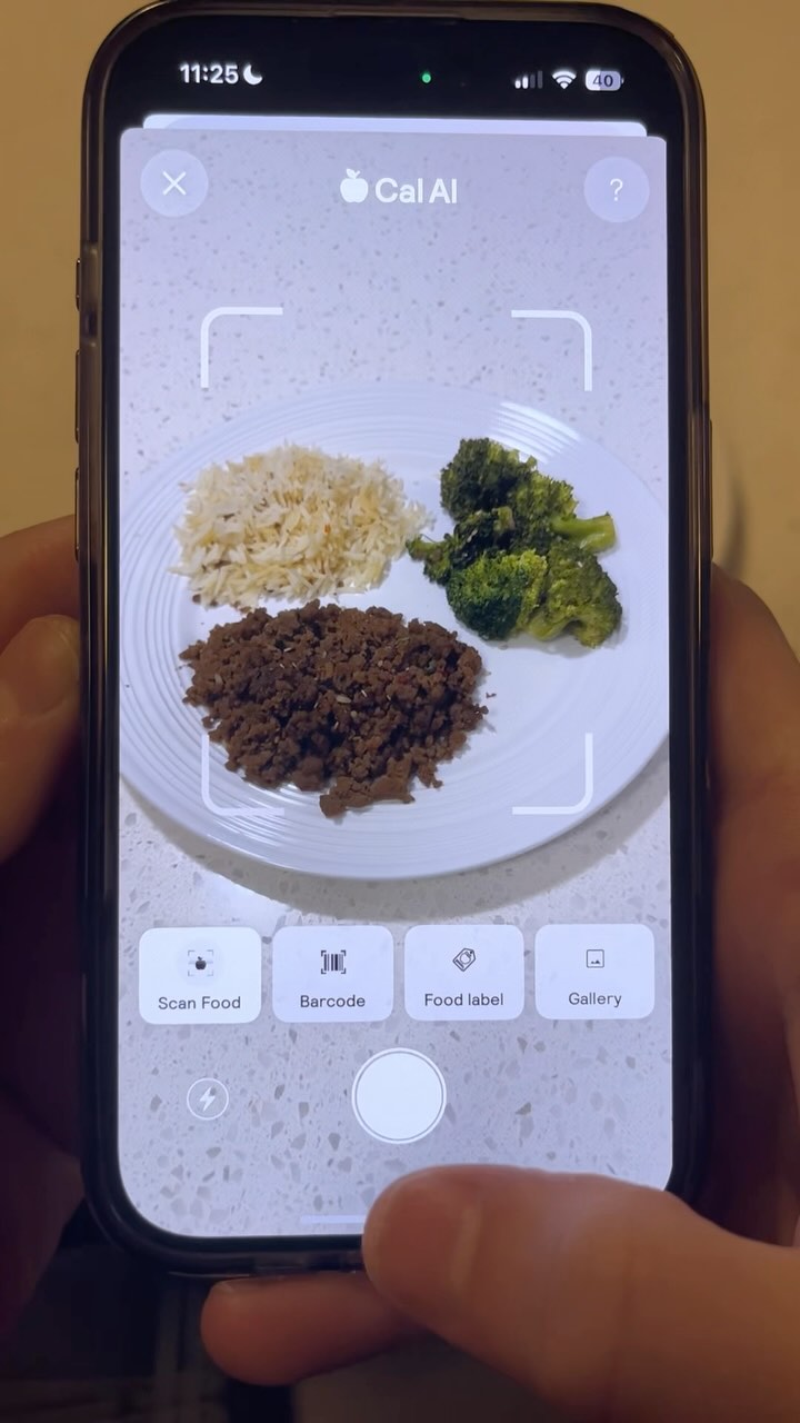 A person is holding a phone displaying an app interface. The app appears to be for food logging, showing a plate divided into sections with cooked food like rice, broccoli, and ground meat. The phone's screen has the 'Cal AI' logo.