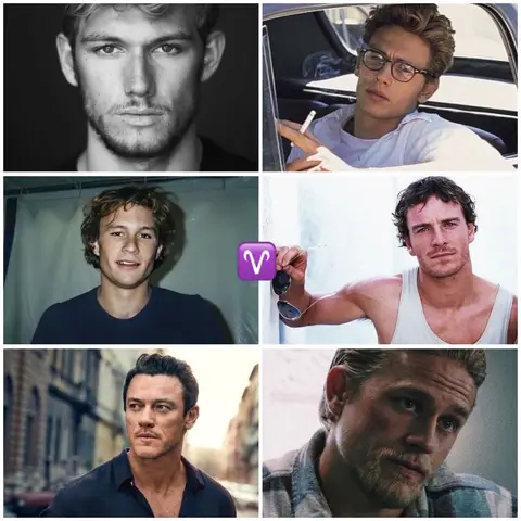A collage of six images of male celebrities, arranged in two rows of three. The images are in different styles, including black and white and color. There is an Aries symbol in the image.