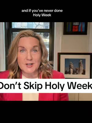 A woman with blonde hair and a pink blazer is in a room, her face is centered in the frame, and the background is slightly blurred with a window and some artwork visible. Text overlay appears over the bottom portion of the image.