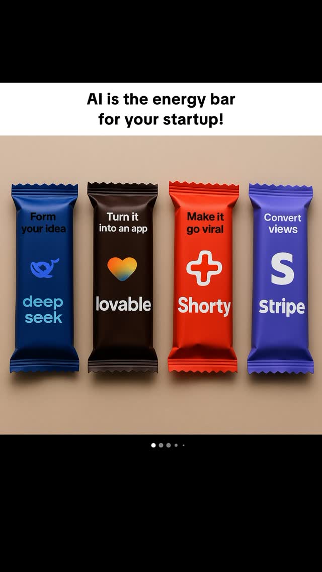 The image presents a stylized design featuring four energy bar wrappers in a row. Each wrapper is a different color—blue, brown, red, and purple—and has text and a graphic. Above the wrappers, in white text, reads, 'AI is the energy bar for your startup!' Below the wrappers, there are some dots indicating more slides.