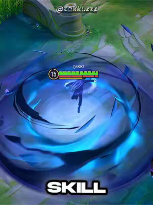 The cover image is a dynamic in-game screenshot from a mobile game, likely an MOBA. The scene is dominated by a swirling, blue water effect that creates a vortex in the center. A silhouetted character is positioned in the middle of the vortex, appearing to be the focus. Elements of the game interface are visible, including a health bar and a level indicator labeled with the name 'ZAKKI'. Text at the bottom of the image reads 'SKILL', in bold, white font. The overall tone suggests the focus is on showcasing a character ability or a tutorial.