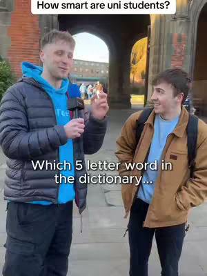 A man holding a microphone interviews another man in front of a university building. White text overlays a question about a 5-letter word in the dictionary.
