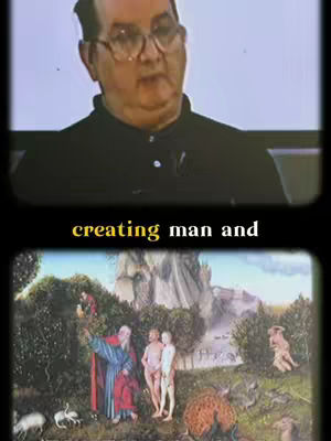 The cover image is divided into two parts. The top portion shows a man with glasses speaking, likely the video presenter. The bottom section presents a painting depicting a biblical scene with figures in classical garments, suggesting the creation of man. Text overlayed on a black section reads 'creating man and'. The color palette is a mix, with the presenter in dark clothes and the artwork in vibrant hues.