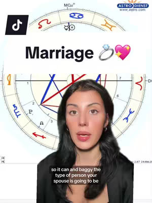 The cover image features a woman in the foreground, with a partially visible astrology chart background. Text overlays include the word "Marriage" with ring and heart emojis, along with a TikTok logo at the top left. The woman is speaking, with text at the bottom of the frame.