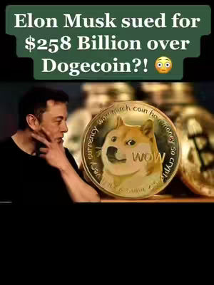 The image is a vertical graphic. At the top is a green rectangular bar with the white text "Elon Musk sued for $258 Billion over Dogecoin?!" A portrait of Elon Musk on the left side looking at a close up image of a gold Dogecoin featuring the dog logo in a coin with the dog's face on it. The background is out of focus, presumably containing more gold coins.
