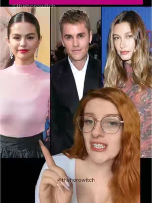 The cover image is a vertical split featuring three celebrity photos: Selena Gomez, Justin Bieber, and Hailey Bieber. Below them is a medium shot of a woman with red hair and glasses, pointing to the images of the celebrities while speaking. Text overlays appear at the top in pink and at the bottom, indicating a social media username.