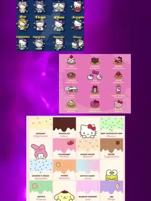 The cover image is a collage featuring various elements. At the top, there's a display of Hello Kitty characters representing different zodiac signs, each within a small, circular frame. Below this, a grid of Hello Kitty themed sweets are arranged. The bottom of the collage presents a series of Hello Kitty themed dessert squares. The background has diagonal magenta lines.