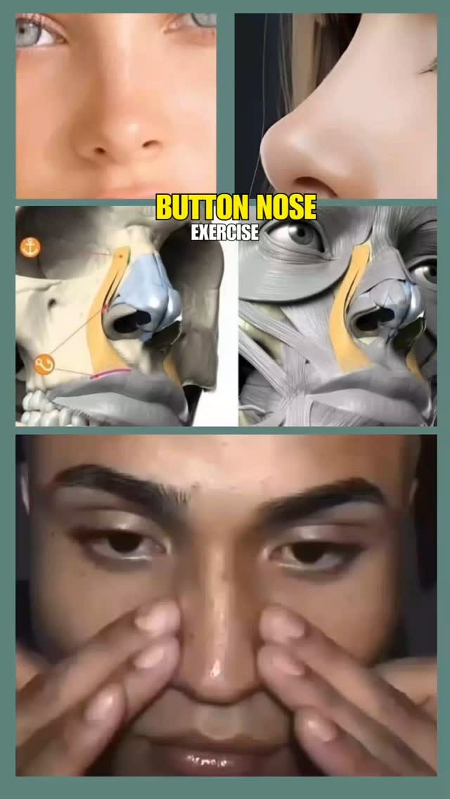 The image is a composite. The top section shows two sets of images, one with a close-up of eyes and nose and another with a profile view of a woman's face, appearing to be digitally enhanced. The middle section includes illustrations of the nose anatomy with highlighted areas. The bottom displays a close-up of a person's face, with both hands positioned near their nose, engaged in a facial exercise.