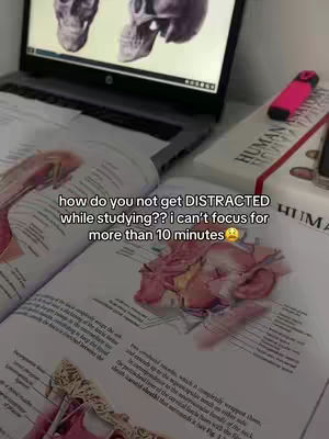 The image shows a study setup with a laptop displaying anatomical images and open textbooks. A pink highlighter and a phone are visible, suggesting active studying. The text overlay asks how to avoid distractions while studying.