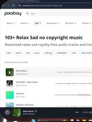 The cover image is a screenshot of the Pixabay website, displaying a search for 'relax' music with a filter for 'sad' mood. The page shows a list of royalty-free music tracks with thumbnails and waveforms. The Pixabay logo and search bar are evident at the top. The interface is primarily light-themed.