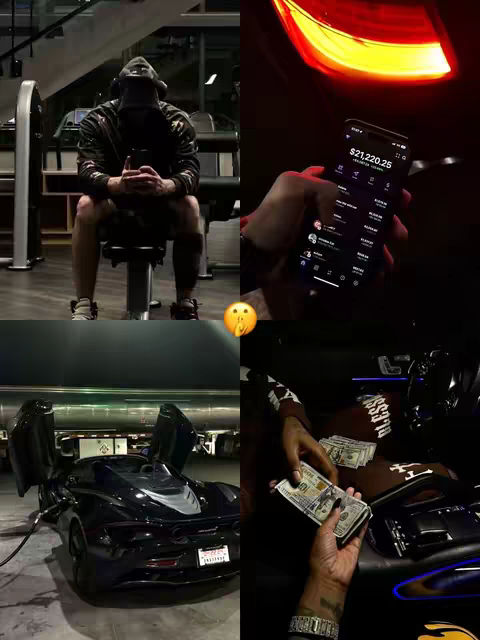 A collage of four images. Top left shows a person in a gym sitting on a bench with a hoodie on, concealing their face. Top right shows a hand holding a phone displaying financial data. Bottom left shows a black sports car with its doors open, parked at a fueling station. Bottom right shows a hand holding a wad of cash inside a car. The images have a dark, moody aesthetic.