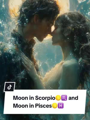 An ethereal, digitally painted image featuring a couple in a loving embrace. They are positioned close together, almost touching noses, set against a background of a soft, ambient light that suggests a moon and the shimmer of water. The woman, with long flowing hair, and the man, with water-like textures on his skin, create a scene of romantic fantasy. The overall color palette is dominated by blues, aquas, and soft creams, enhancing the dreamlike quality of the image and suggesting zodiac elements.