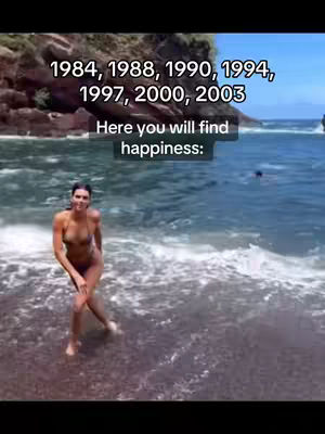 The cover image shows a person standing on a beach with the ocean in the background, complemented by text overlays. The person is wearing a bikini and is positioned on the shore. The text overlays include a series of numbers and the phrase "Here you will find happiness:". The overall composition utilizes natural lighting, with a mix of light and dark tones, creating an eye-catching scene. There is a bright, sunny feel.