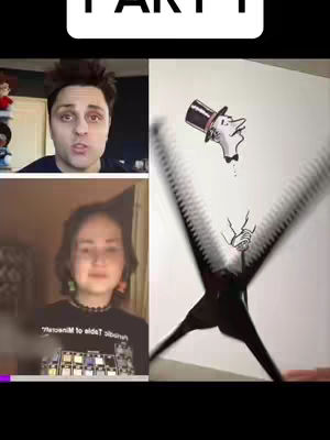 The cover image is split into three quadrants. The top left features a man with light skin, dark hair, and a dark shirt, looking directly at the camera. Below him, a woman with fair skin, brown hair, and a dark t-shirt, also looks towards the camera. The right side displays an illustrated, stylized artistic depiction with a cartoon head wearing a top hat pointing down towards a hand being cut by a saw.