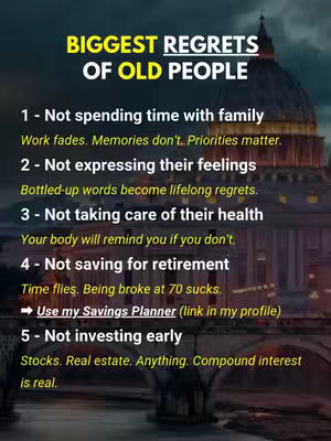 Image features a dark background with a cityscape silhouette towards the right, possibly of Rome. Overlayed is a list of the 'Biggest Regrets of Old People' with associated statements in white against the dark backdrop.