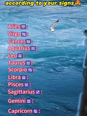A blue-toned image with the ocean and a seagull in flight. Text overlays with zodiac signs and symbols are superimposed.
