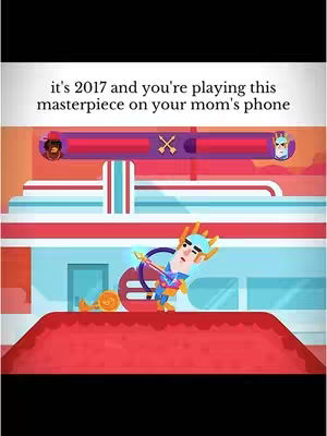 The cover image is a screenshot from a mobile game. In the background, a simplified building facade is visible that contains a series of parallel white and red lines. Above this in the image is a health/score bar, the background is purple with a white bar, and the text on either side is blurred. In the foreground is a cartoon character with a blue helmet, and another figure with dark skin. The main character is mid-action with an arrow and bow, and the coins are placed beside him on the red carpet.