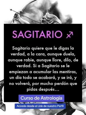 The image features a graphic with the word "SAGITARIO" in large, purple text at the top. Beneath this, on a black rectangular background. The text appears to be a quote or message related to the Sagittarius zodiac sign, with additional information about an "Curso de Astrologia" (Astrology Course) and an invitation to access a link in the profile. The overall design is a balanced mix of text and a background image of a person drawing a bow.