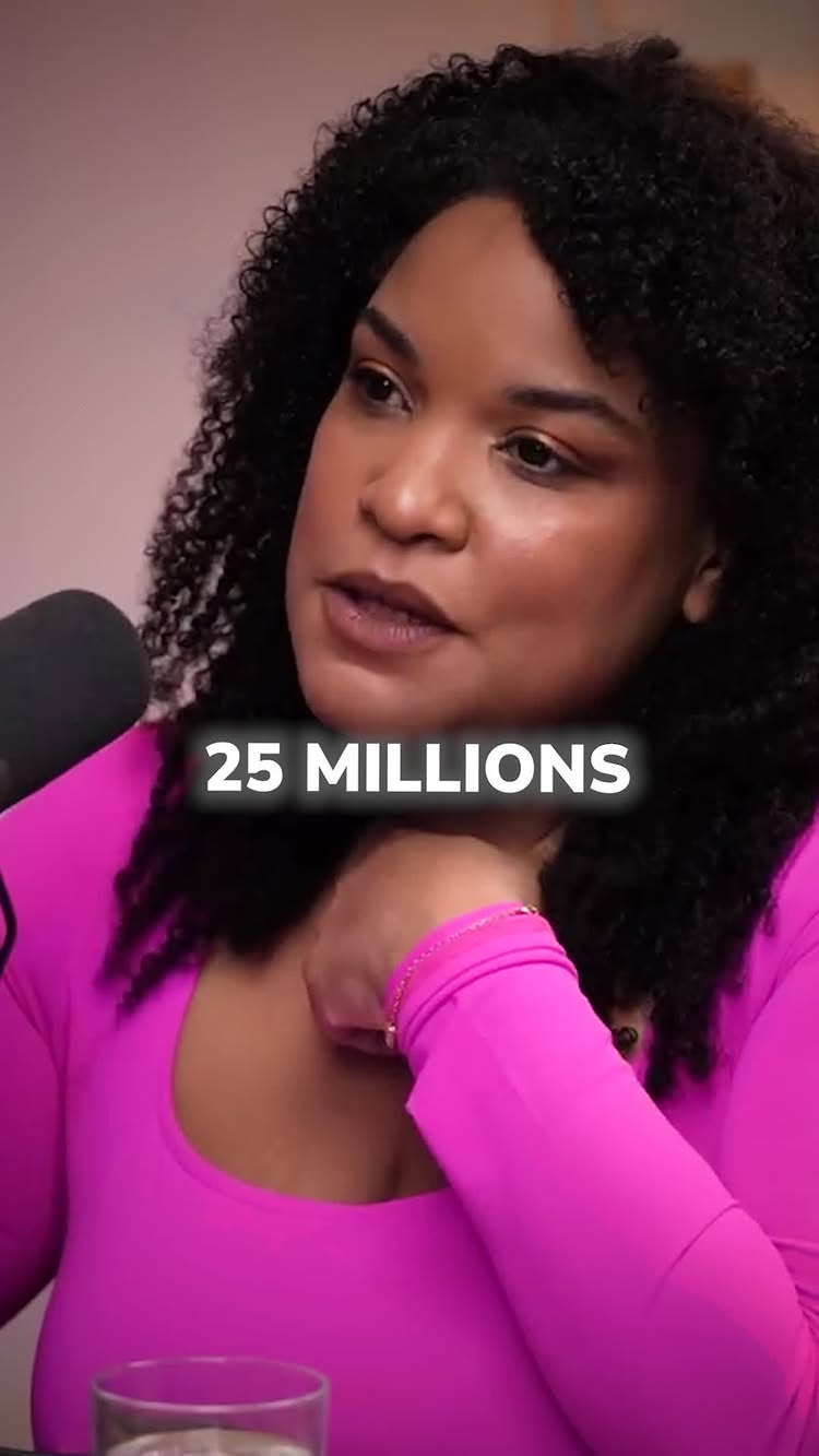 The cover image features a woman with dark, curly hair and wearing a bright pink top. Superimposed text reads, '25 MILLIONS', likely indicating a sum or value. The background is blurred, placing focus on the woman as she appears to speak, with a microphone nearby.