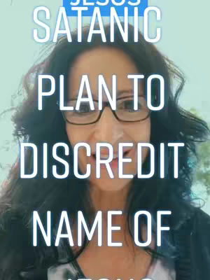 A selfie-style shot featuring a woman with dark hair and glasses, centered in the frame. Text overlays in a bold, stylized font are stacked vertically, spelling out phrases about Jesus with the topmost text partially obscured by a blue box. The background appears blurred, suggesting an outdoor setting with a light blue sky.
