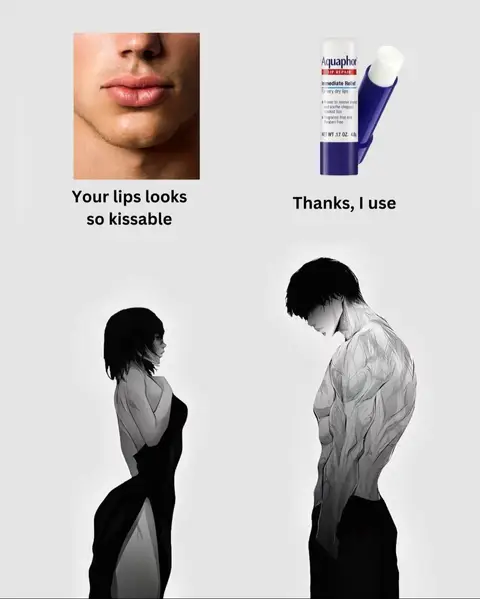 The image is a split composition. On the left are two separate images: a close-up of a man's lips and a stylized illustration of a woman in a dress. On the right, there's an image of a tube of Aquaphor lip balm and a stylized illustration of a man. The background is a flat off-white. The contrast allows the images to stand out.