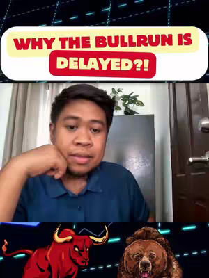 The cover image is divided into three sections. The top section contains a text overlay in a yellow oval with the text 'WHY THE BULLRUN IS DELAYED?!'. The middle section shows a man with short dark hair and a blue shirt looking at the camera. Behind him is a door and a plant. The bottom section features animated illustrations of a red bull and a bear.