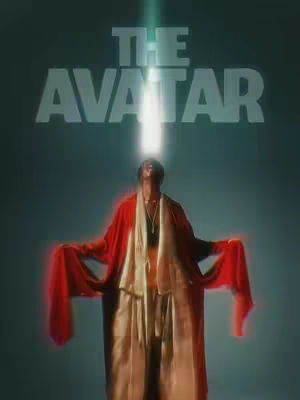 The cover image features a figure in the center, dressed in a red and cream-colored outfit with open arms. The figure is positioned against a light teal background, with the word "THE" arched at the top. Below "THE", "AVATAR" is written in large, white letters, appearing to hover above the figure. A vibrant light beam emanates from the figure's head, creating a dramatic and celestial effect.