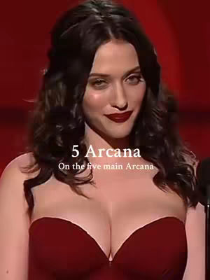 The cover image features a woman facing the camera, styled with wavy shoulder-length dark hair and dark lipstick. She wears a strapless, deep red dress. Text overlayed on the photograph reads "5 Arcana" over "On the five main Arcana". The background is a blurred, dark red.