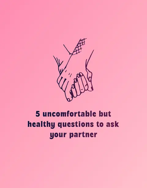 A pink gradient background with the outline of two hands holding each other near the top. Below the hands is text in dark purple.
