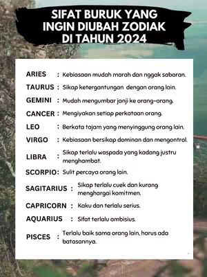 A vertical graphic with a blurred background of natural colors in the background and the heading "SIFAT BURUK YANG INGIN DIUBAH ZODIAK DI TAHUN 2024" in a black rectangular box at the top. The graphic features a white table that lists each zodiac sign and a corresponding character trait each sign might consider improving.
