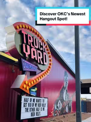 The cover image showcases the Truck Yard in Oklahoma City. The image is a full shot, featuring the Truck Yard sign, a building with a mural, and a sign. The sky is blue with clouds adding a background. Text overlayed on the image says 'Discover OKC's Newest Hangout Spot'.