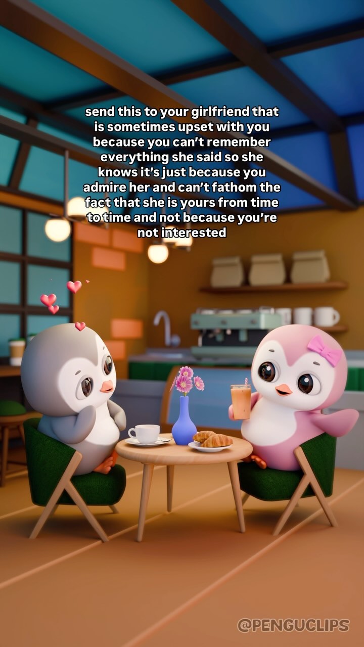 The image shows two cartoon penguin characters sitting at a cafe table. They are in a colorful, stylized setting. One penguin, gray, is seated with a cup of coffee, while the pink penguin has a drink with a straw. The setting includes a table with croissants and a vase of flowers.