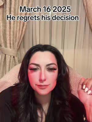 A portrait of a woman with dark hair and makeup, featuring a red filter effect on her face. The text overlay reads "March 16 2025 He regrets his decision."