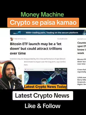 The cover image shows a split screen with the creator on the the left, holding a microphone and speaking, and on the right, a screenshot of a news article about bitcoin.