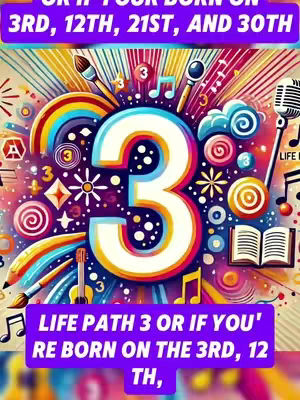 A colorful, artistic illustration featuring a large number "3" in the center. The number is white with a red and yellow outline, set against an abstract background with rainbow-colored beams radiating outwards. Various artistic elements are scattered around the number, including musical notes, a microphone, a paintbrush, and a small book. Text appears at the top and bottom in color-coded bars with white text.