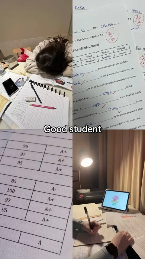 A split-screen image showcasing study materials, test results, and the creator studying. The top left quadrant shows a person resting their head on a desk. The top right quadrant displays a test paper with annotations. The bottom left quadrant shows a list of scores and the bottom right quadrant shows another person studying at a desk with notes and a tablet illuminated.
