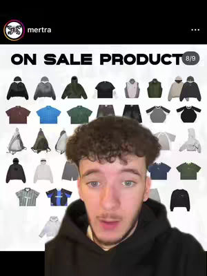 A selfie-style video cover features a young man centered in the frame, with a collage of clothing items arranged behind him. The man, with curly hair, looks towards the camera, his expression neutral. The background is a grid displaying various apparel. Above the man, the words "ON SALE PRODUCT" appear in bold, black capital letters with the number "8/9". The upper-left corner features the circular Instagram logo of the account “mertra”. The whole composition is well-lit.