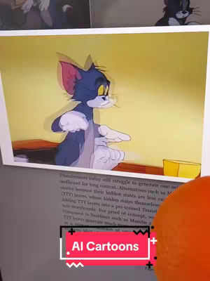 The image is a shot of a printout, of Tom the cat from the cartoon, Tom and Jerry, superimposed on a pale yellow background. Tom is in mid-action, looking to his side with his hands raised. Below the image are some lines of a text explaining how to use a new technology; underneath the image, on the bottom, is a rectangular sticker in a pink background with the text 'AI Cartoons'. The overall shot has a vintage vibe as the image is set on a black surface. An orange object on the right side.