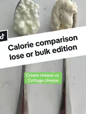 The cover image shows two spoons, one filled with creamy white cream cheese and the other with chunky cottage cheese. Below these spoons is white text in a black box. It is on a white surface.