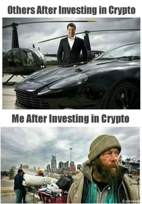 A meme comparing the supposed success of investing in crypto with the reality of loss. Top half shows a man in a suit with a car and helicopter, suggesting wealth, while the bottom half shows a homeless man, implying financial ruin.
