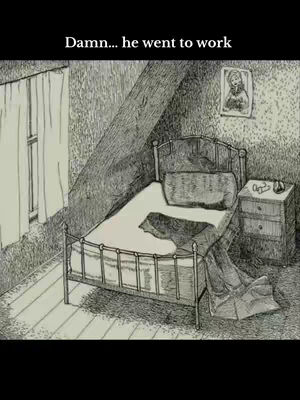 The cover image is a pen and ink illustration depicting a simple room. A bed is center-stage with a rumpled sheet, indicating the occupant has just left or is absent. To the left, a window with curtains is visible. On the right, a nightstand with a few items on top, and a picture hanging on the wall complete the scene. The overall tone is somber and minimalist.