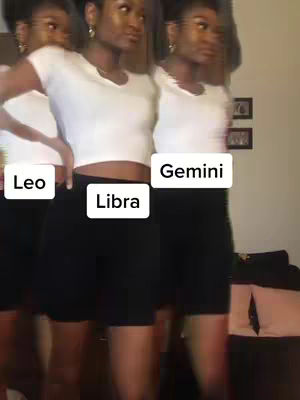 The image features a woman in a white top and black shorts, with the same image of her repeated to create a layered effect. Text labels 'Leo,' 'Libra,' and 'Gemini' are placed below the image of the woman.
